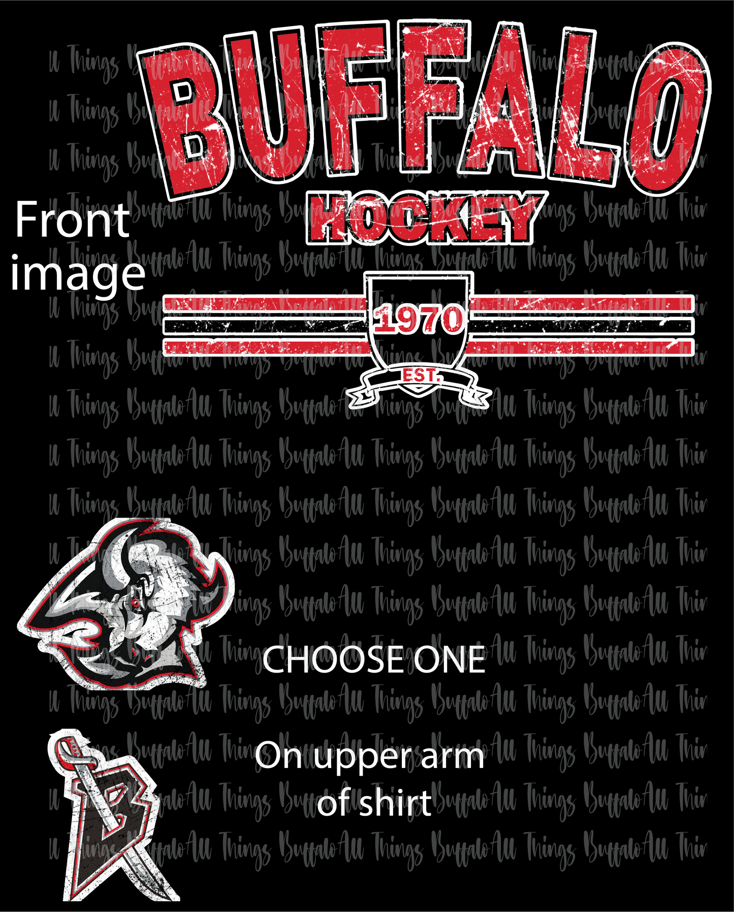 Red and Black Buffalo Hockey Distressed on BLACK fabric