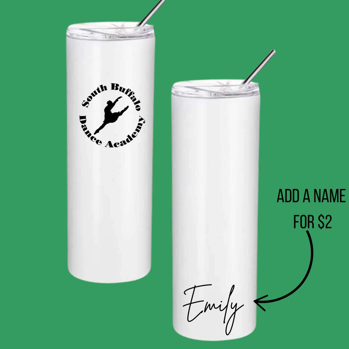 South Buffalo Dance Academy Steel Tumbler w/ Straw (20 oz) Image is part of the tumbler and is not a separate sticker