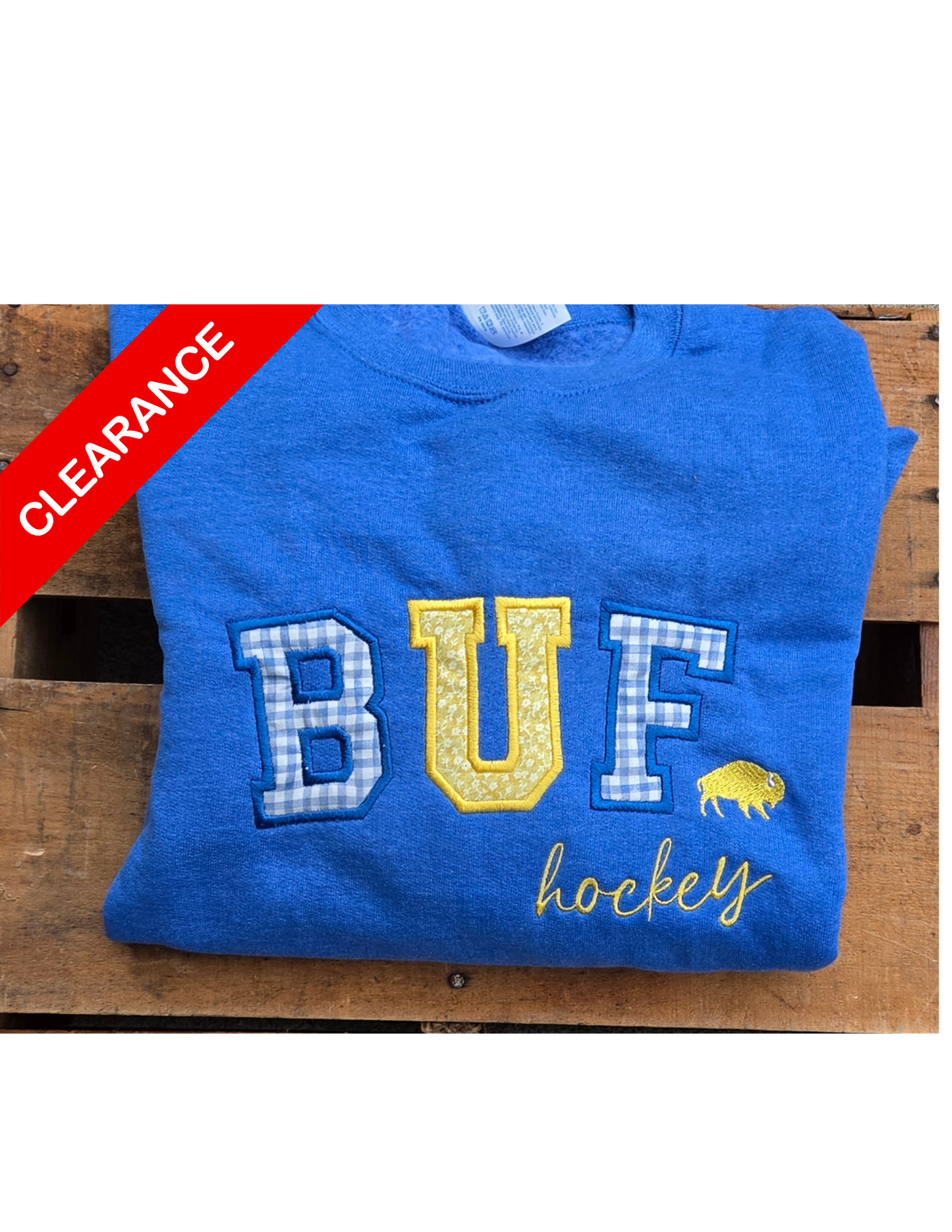 CLEARANCE: Embroidered Fabric style Buffalo Hockey Crewneck